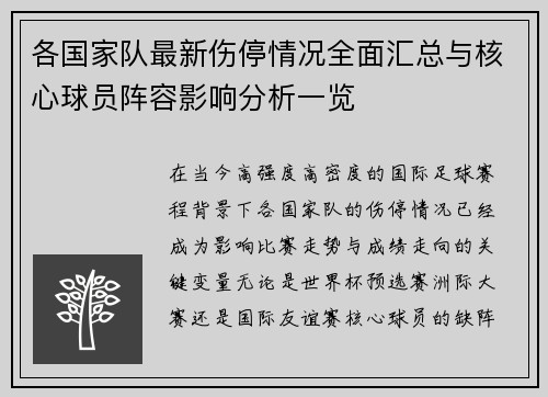 各国家队最新伤停情况全面汇总与核心球员阵容影响分析一览 各国家队最新伤停情况全面汇总与核心球员阵容影响分析一览