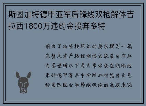 斯图加特德甲亚军后锋线双枪解体吉拉西1800万违约金投奔多特